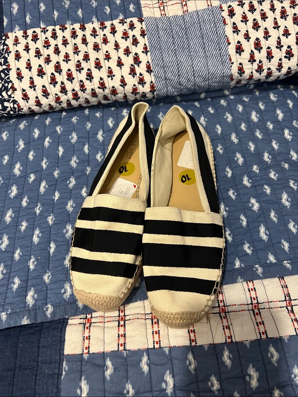 Nine West Black and Cream Striped Espadrille Flats